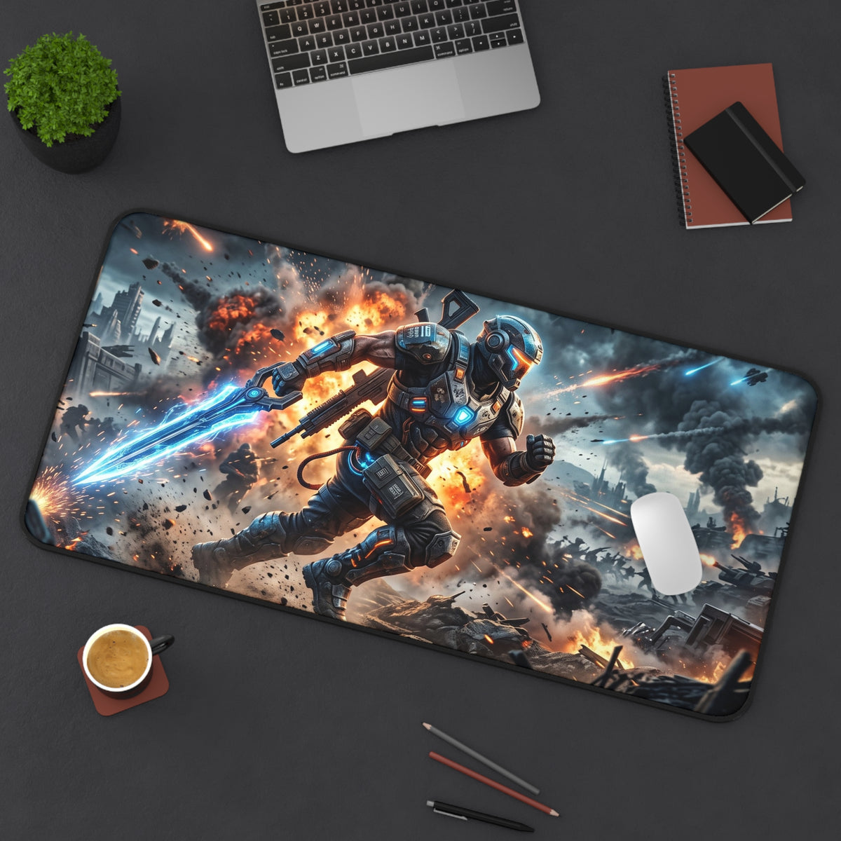 Futuristic Soldier Gaming Desk Mat — Sci‑Fi Battle Scene Mouse Pad
