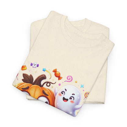 Cute Halloween Pumpkin & Ghost Tee — Scared Pumpkin Candy Graphic T-Shirt