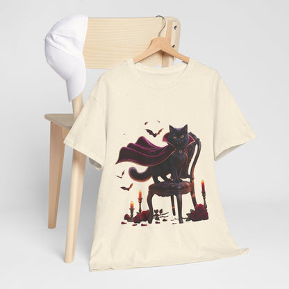 Vampire Cat Tee — Gothic Black Cat with Cape & Candles T-Shirt