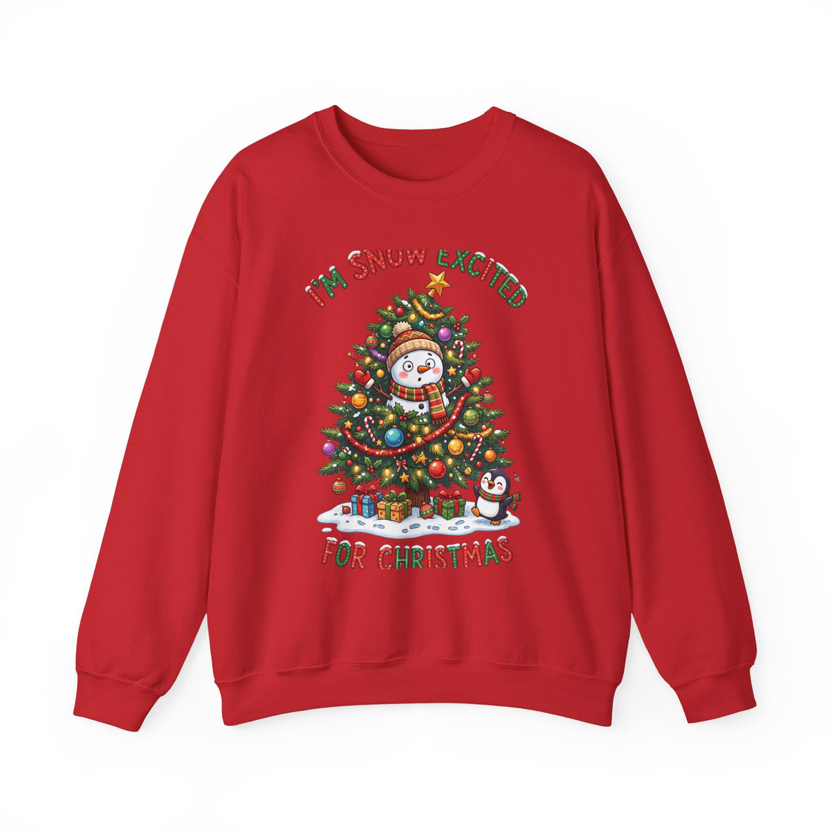 Christmas Sweatshirt – "I’m Snow Excited for Christmas" Cute Snowman Tree Holiday Crewneck