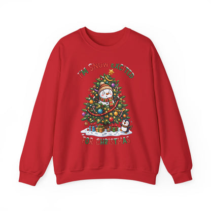 Christmas Sweatshirt – "I’m Snow Excited for Christmas" Cute Snowman Tree Holiday Crewneck