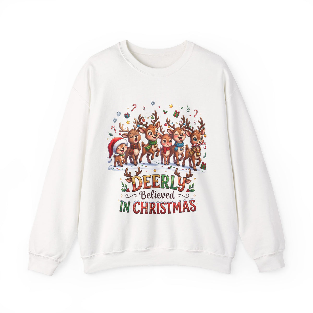 Christmas Reindeer Crewneck Sweatshirt — "Deerly Believed in Christmas" Holiday Pullover