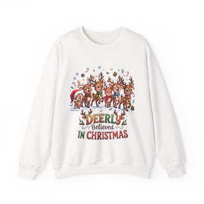 Christmas Reindeer Crewneck Sweatshirt — "Deerly Believed in Christmas" Holiday Pullover