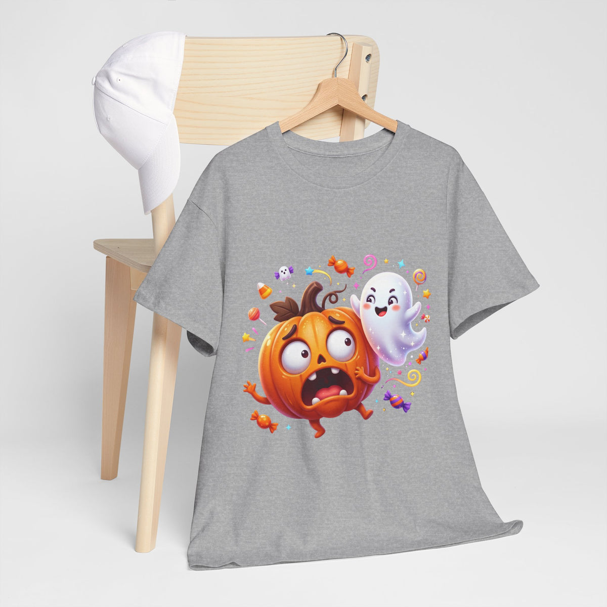 Cute Halloween Pumpkin & Ghost Tee — Scared Pumpkin Candy Graphic T-Shirt