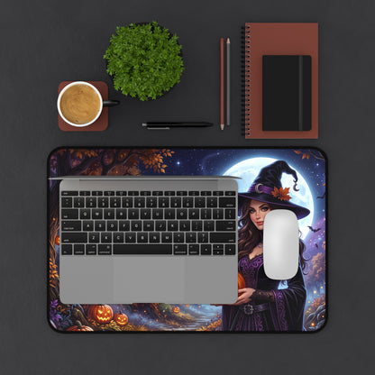 Halloween Witch Desk Mat — Moonlit Pumpkin Forest Mouse Pad