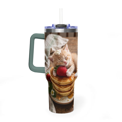 40oz Cat Pancake Thermal Tumbler with Straw