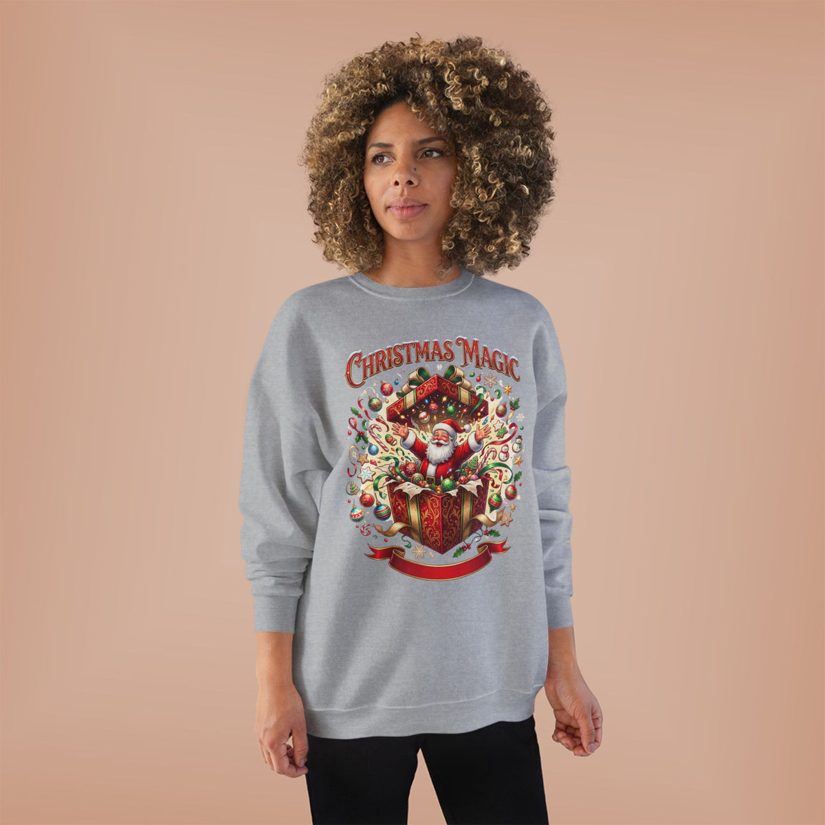 Christmas Magic Crewneck Sweatshirt — Santa Gift Box Holiday Pullover