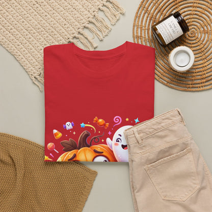 Cute Halloween Pumpkin & Ghost Tee — Scared Pumpkin Candy Graphic T-Shirt