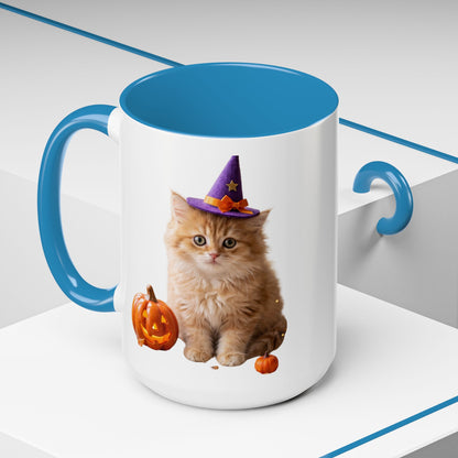 Halloween Cat Coffee Mug with Witch Hat and Pumpkin
