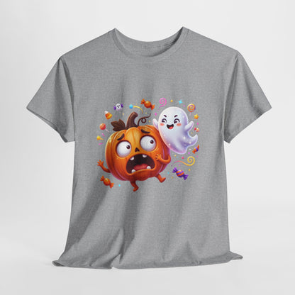 Cute Halloween Pumpkin & Ghost Tee — Scared Pumpkin Candy Graphic T-Shirt