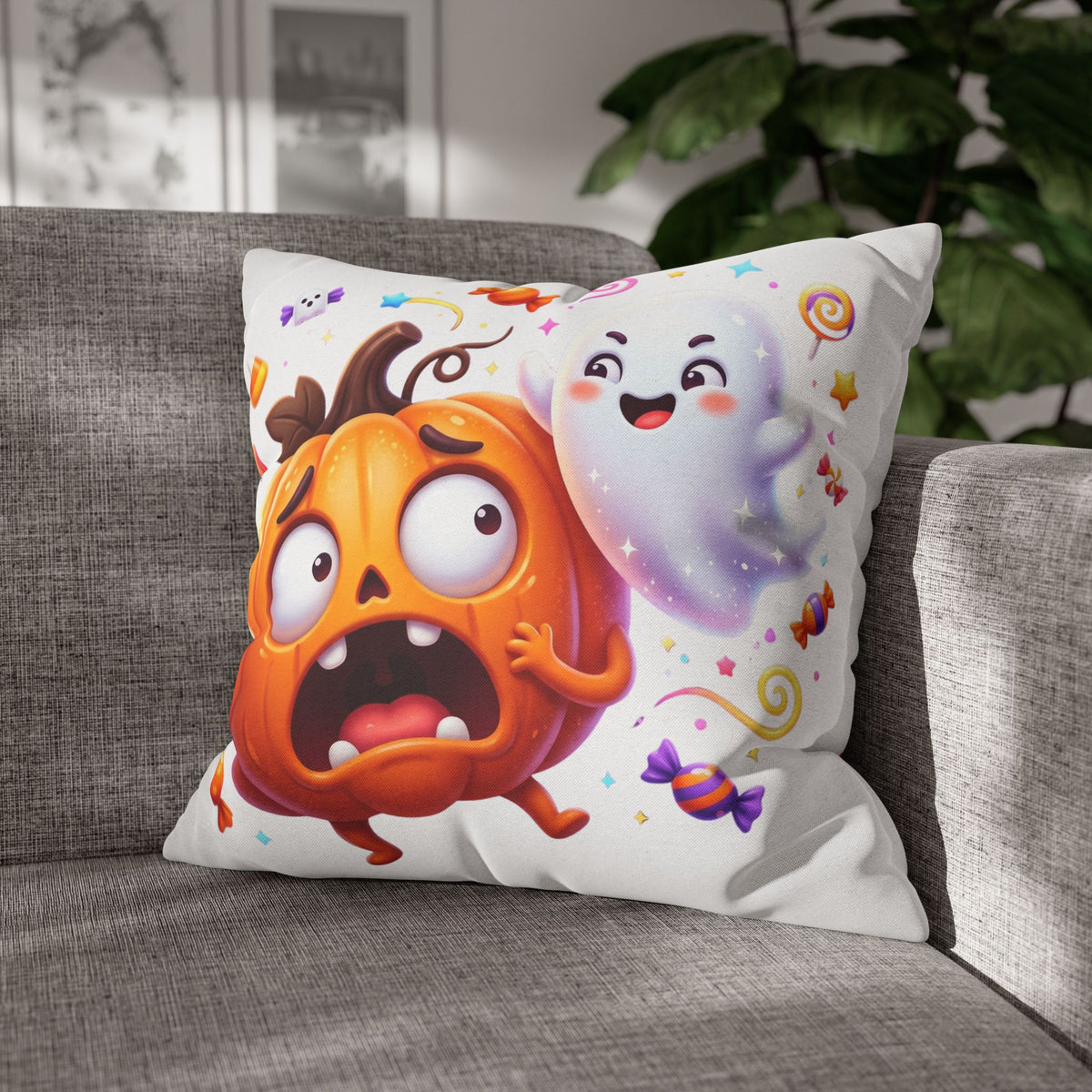 Halloween Pumpkin & Ghost Throw Pillowcase — Cute Spooky Decorative Pillow
