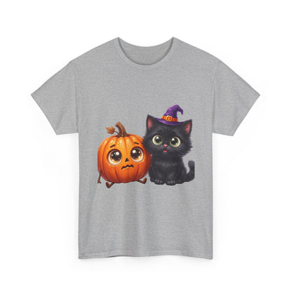 Halloween Black Cat & Pumpkin T‑Shirt — Cute Witch Hat Kitty Fall Tee