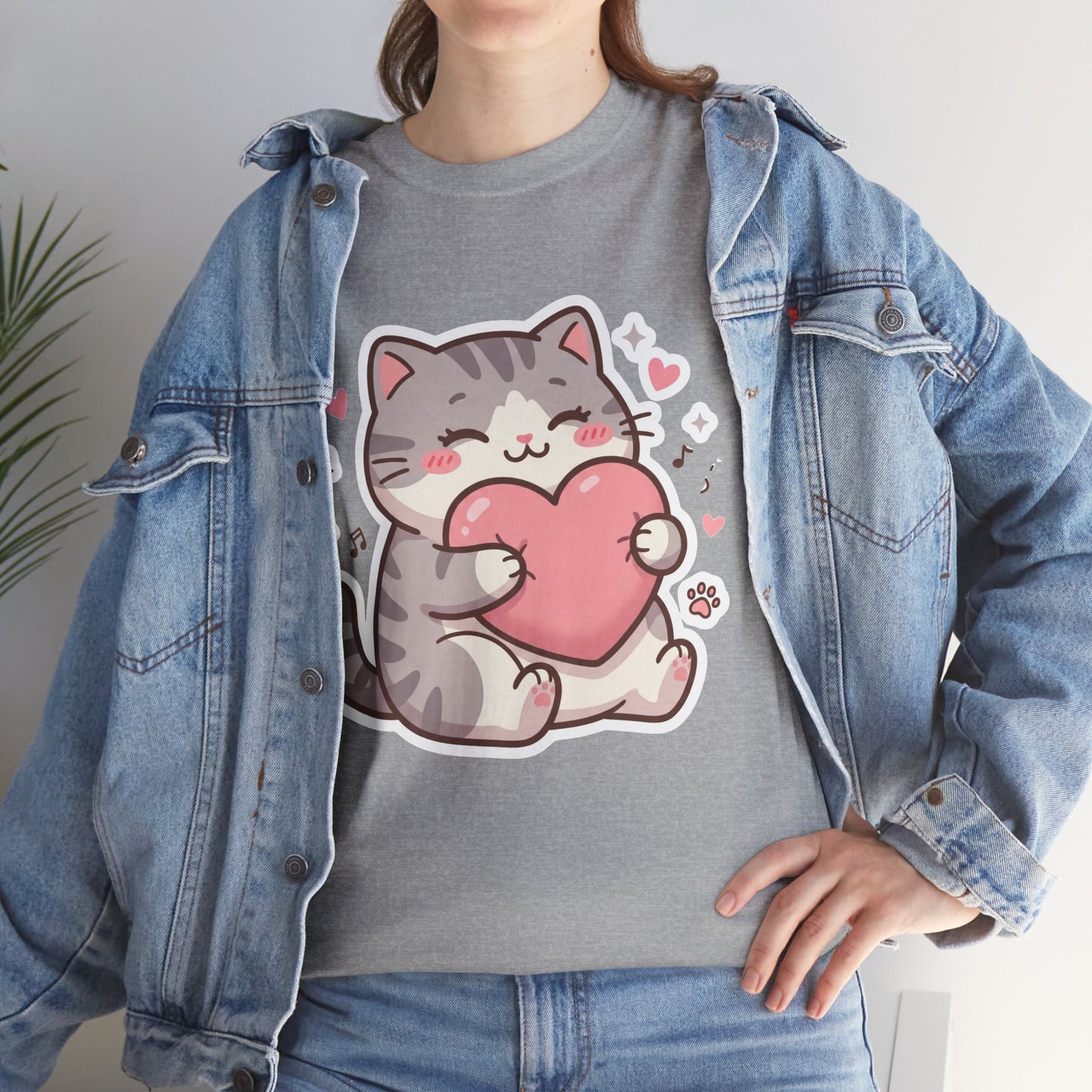 Cute Cat Hugging Heart T-Shirt — Kawaii Valentine Kitty Tee