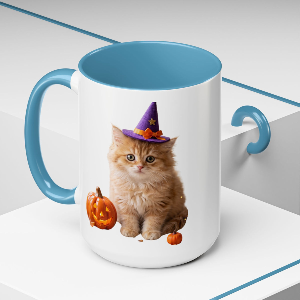 Halloween Cat Coffee Mug with Witch Hat and Pumpkin