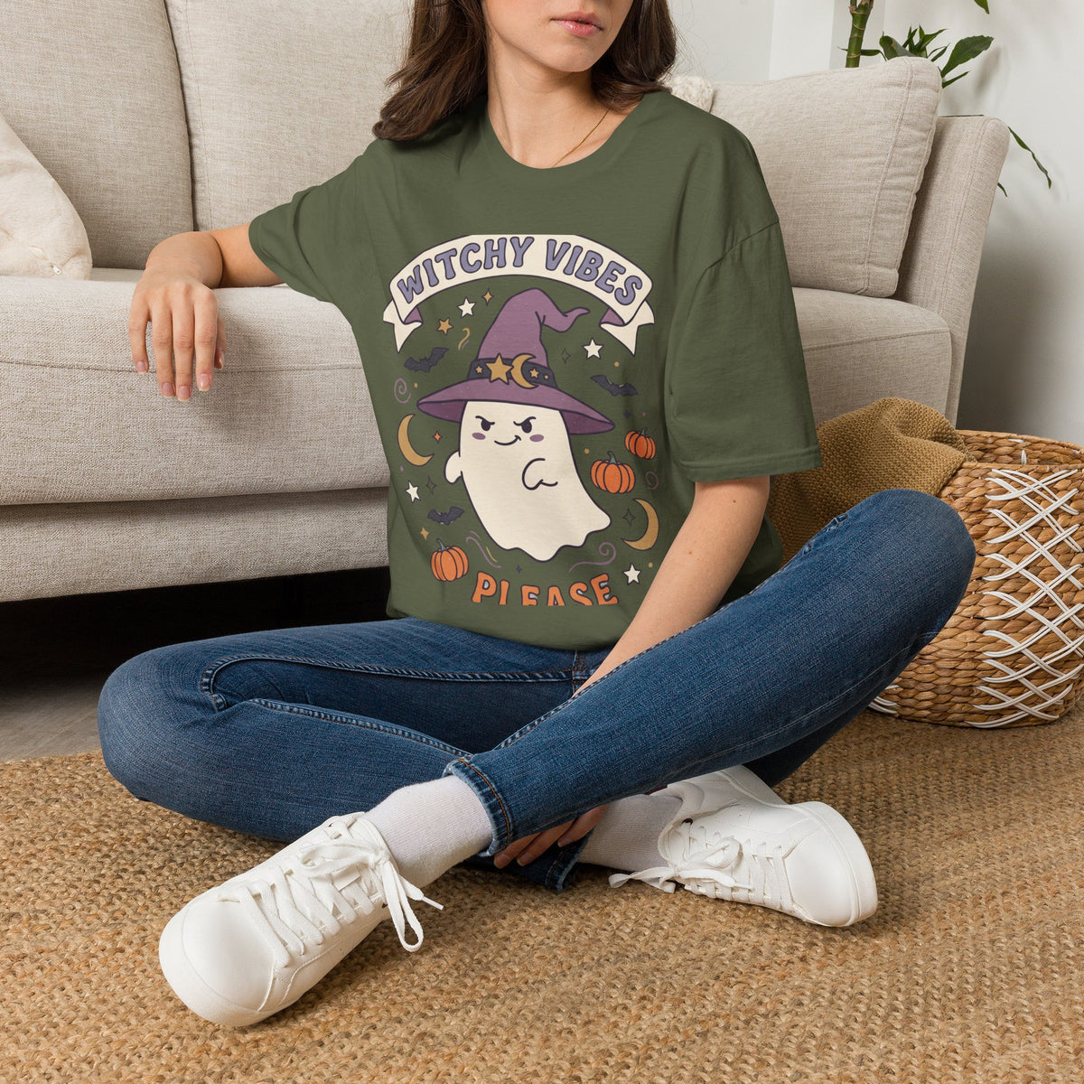 Witchy Vibes T‑Shirt — Cute Ghost Witch Halloween Tee