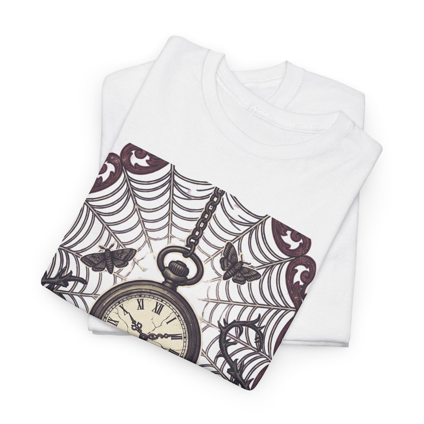 Caught in the Night Pocket Watch Tee — Gothic Spiderweb Vintage Clock T‑Shirt