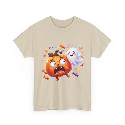 Cute Halloween Pumpkin & Ghost Tee — Scared Pumpkin Candy Graphic T-Shirt