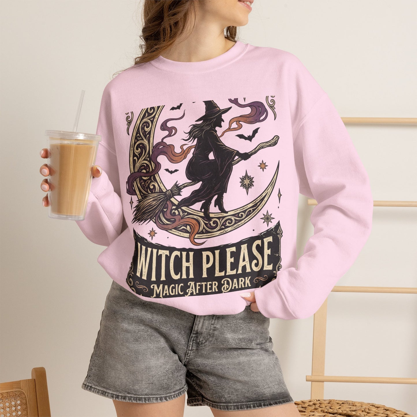 Witch Please Crewneck Sweatshirt — 'Magic After Dark' Witch Silhouette on Crescent Moon