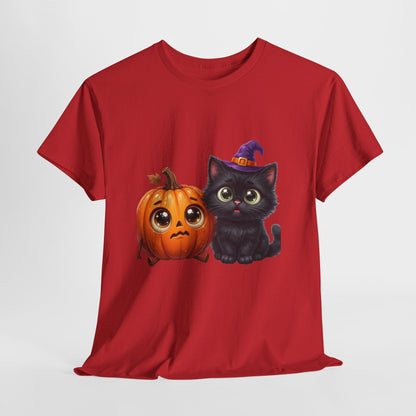 Halloween Black Cat & Pumpkin T‑Shirt — Cute Witch Hat Kitty Fall Tee