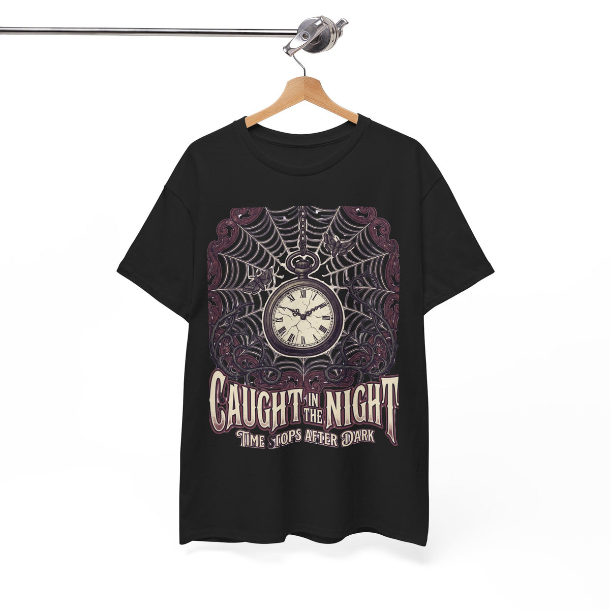 Caught in the Night Pocket Watch Tee — Gothic Spiderweb Vintage Clock T‑Shirt