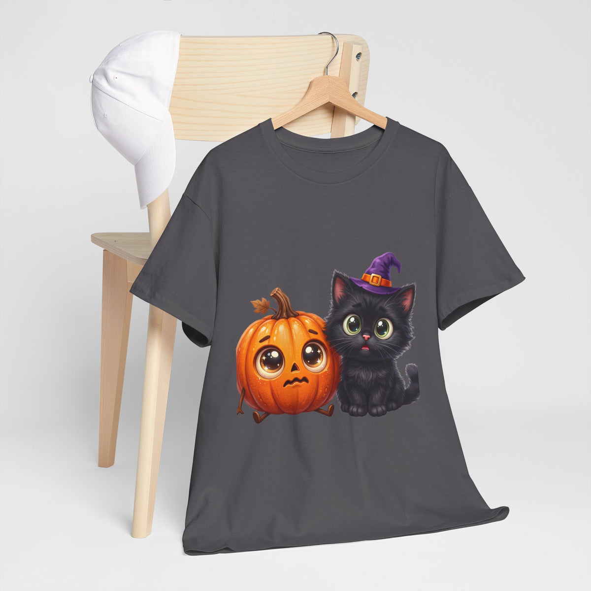 Halloween Black Cat & Pumpkin T‑Shirt — Cute Witch Hat Kitty Fall Tee