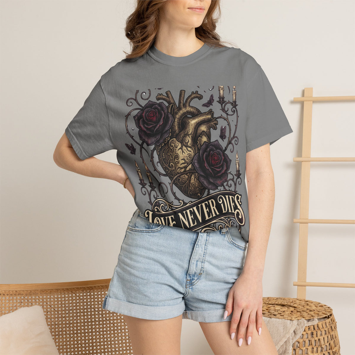 Love Never Dies Heart T-Shirt — Gothic Rose "Forever After Dark" Tee