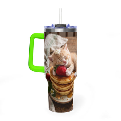 40oz Cat Pancake Thermal Tumbler with Straw