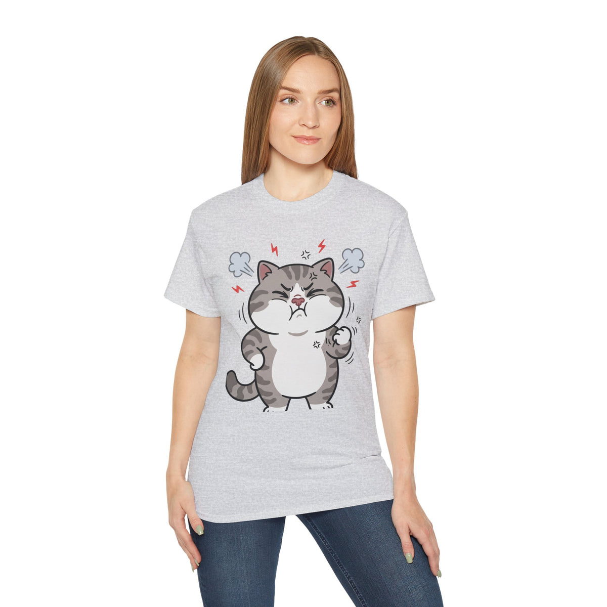 Angry Cute Cat T-Shirt — Cartoon Grumpy Kitty Graphic Tee