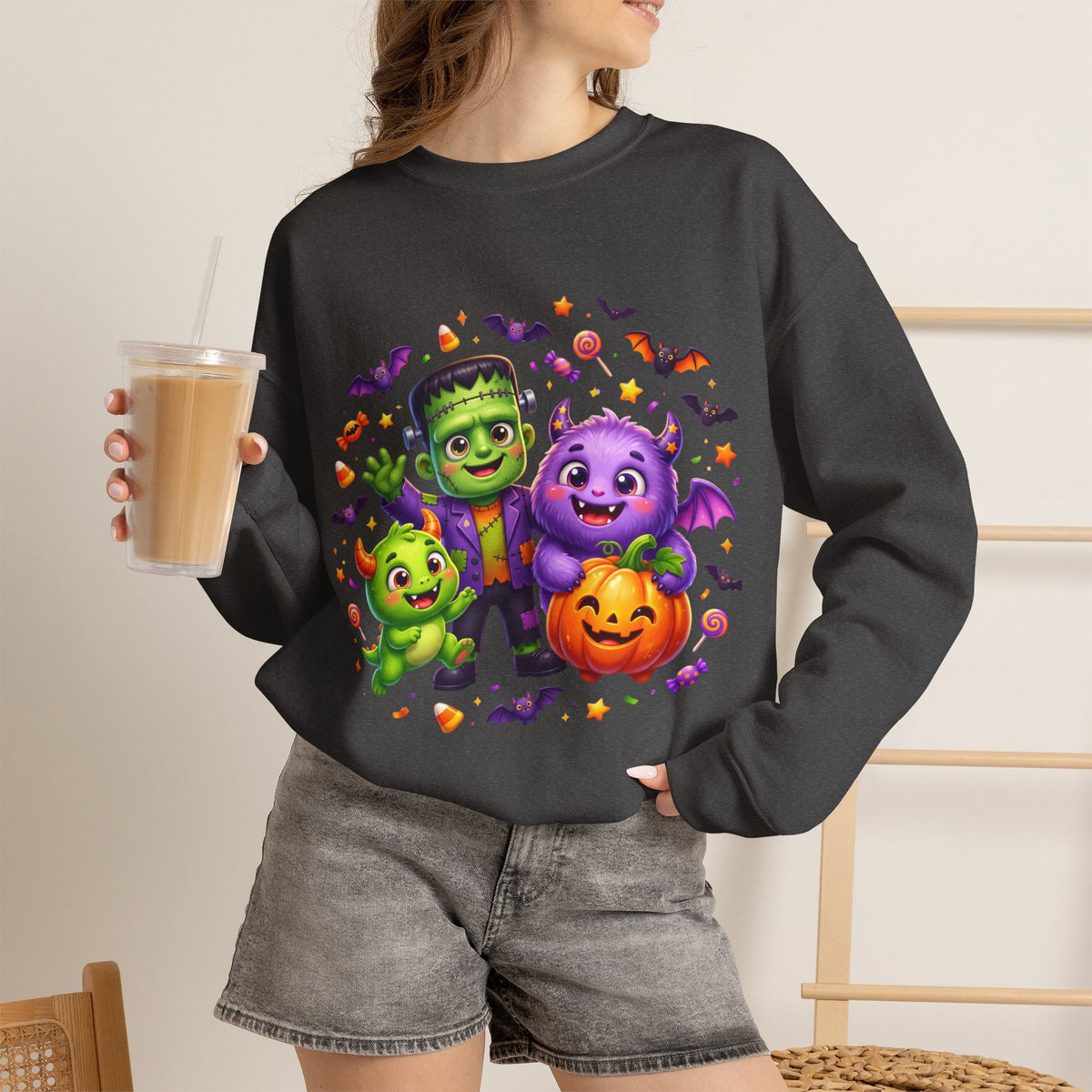 Halloween Monster Crewneck Sweatshirt — Cute Frankenstein, Vampire & Pumpkin Design