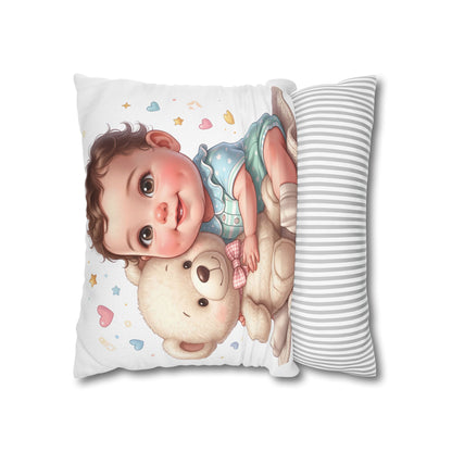 Baby & Teddy Square Pillowcase - Cute Infant Nursery Decorative Throw Pillow