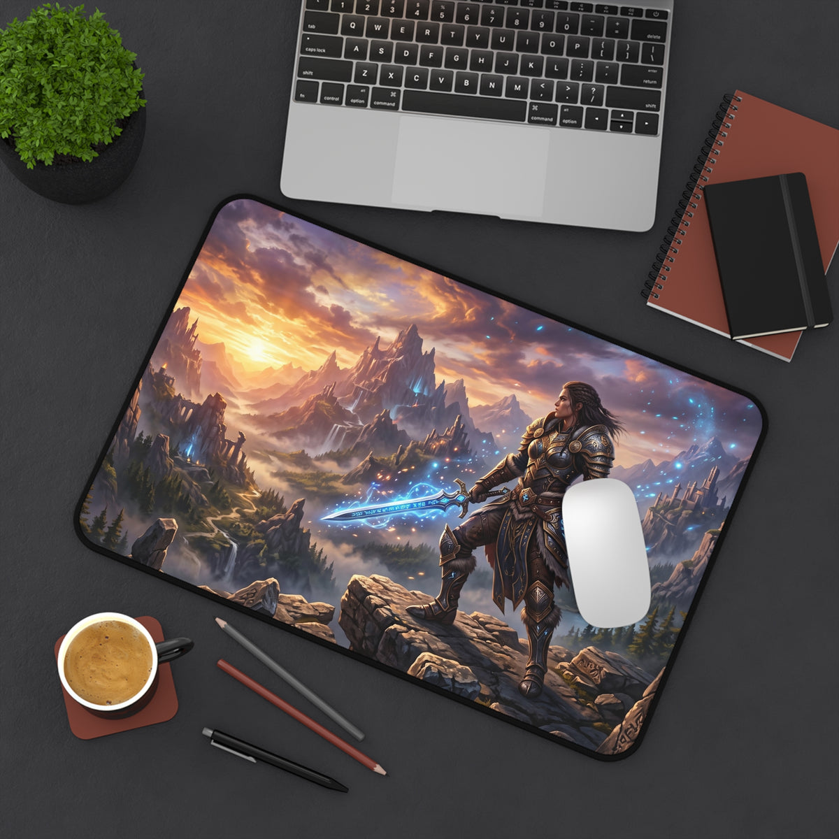Epic Fantasy Warrior Desk Mat — Scenic Sword & Mountain Gaming Mouse Pad