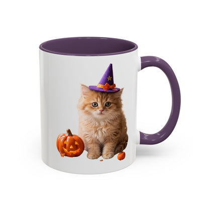 Halloween Cat Coffee Mug with Witch Hat and Pumpkin