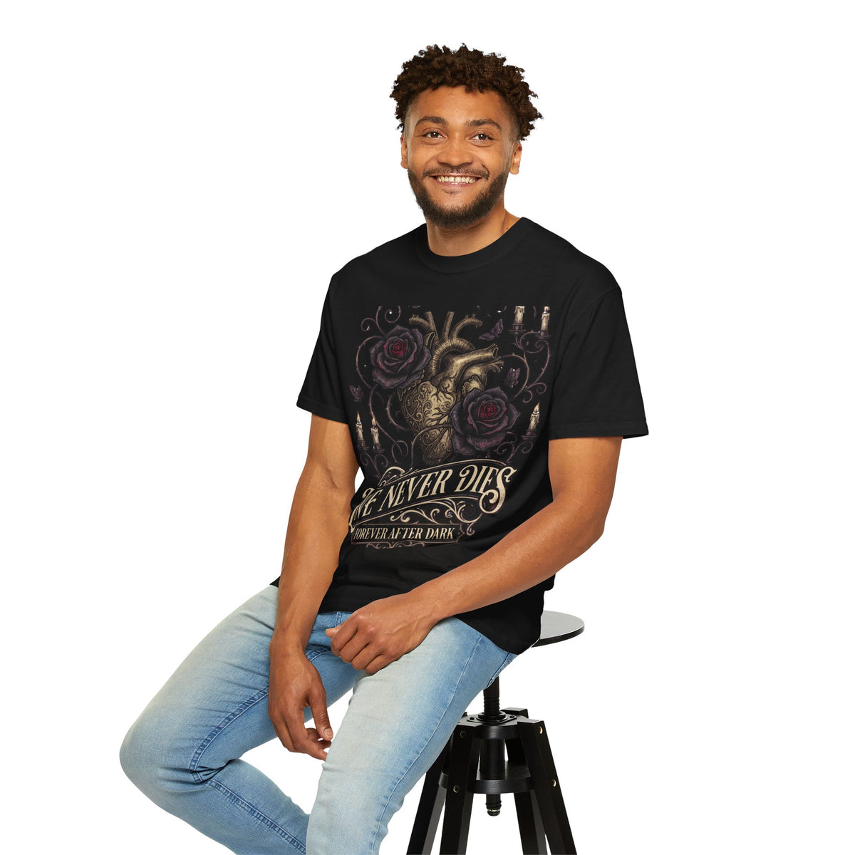 Love Never Dies Heart T-Shirt — Gothic Rose "Forever After Dark" Tee