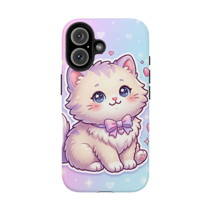 Cute Pastel Kawaii Kitten Tough Phone Case — Cute Cat with Bow Protective Cover