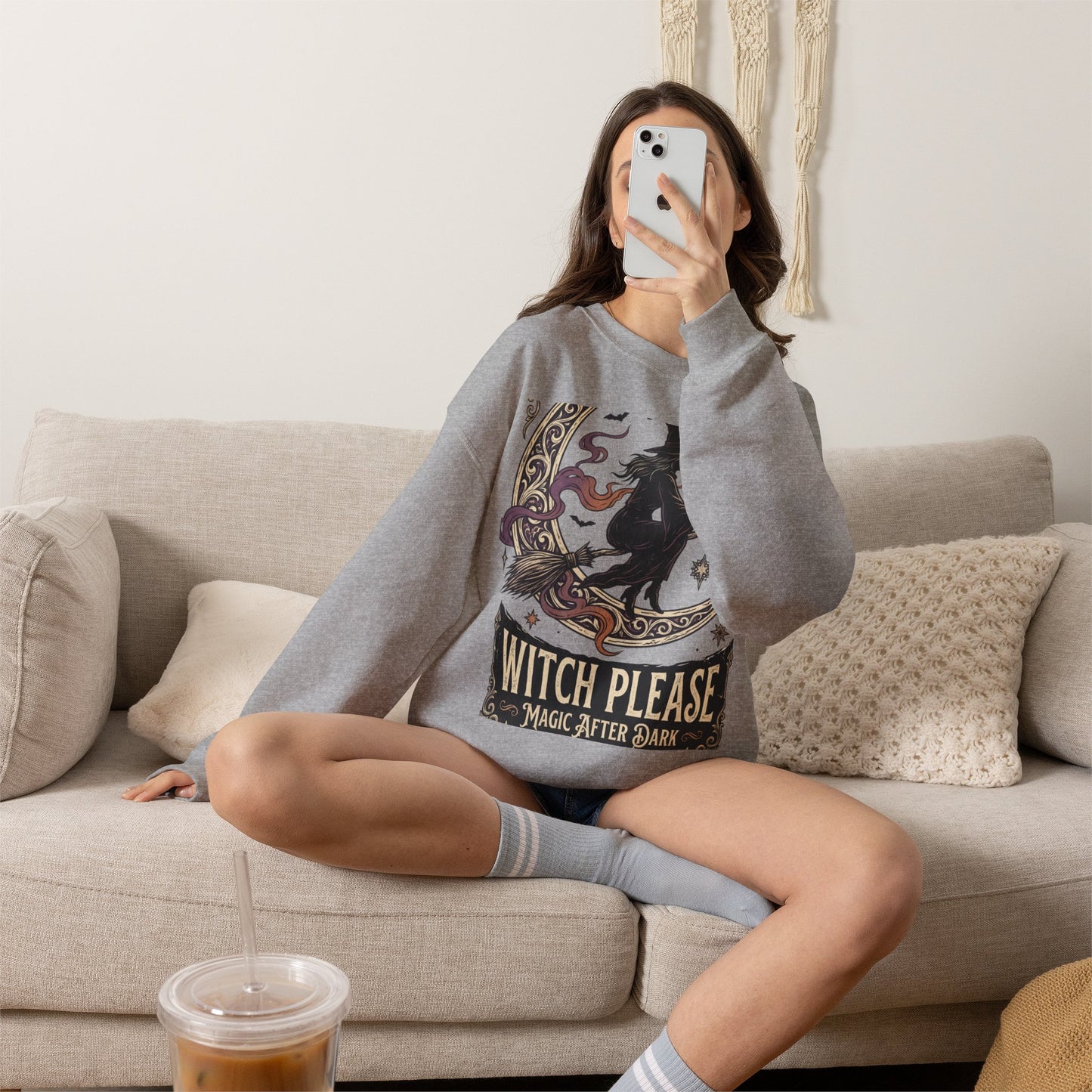 Witch Please Crewneck Sweatshirt — 'Magic After Dark' Witch Silhouette on Crescent Moon