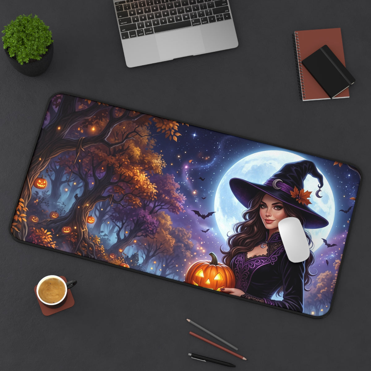 Halloween Witch Desk Mat — Moonlit Pumpkin Forest Mouse Pad