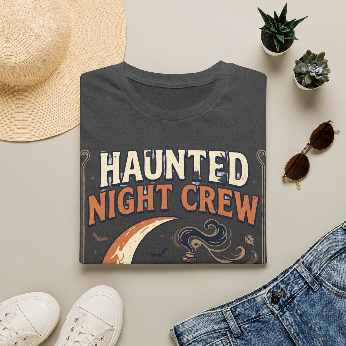 Haunted Night Crew T-Shirt — Retro Halloween Skeleton & Pumpkin Tee