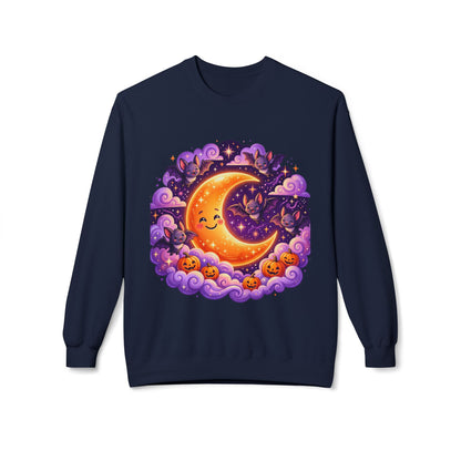Halloween Moon Crewneck Sweatshirt — Cute Smiling Moon, Pumpkins & Bats Pullover