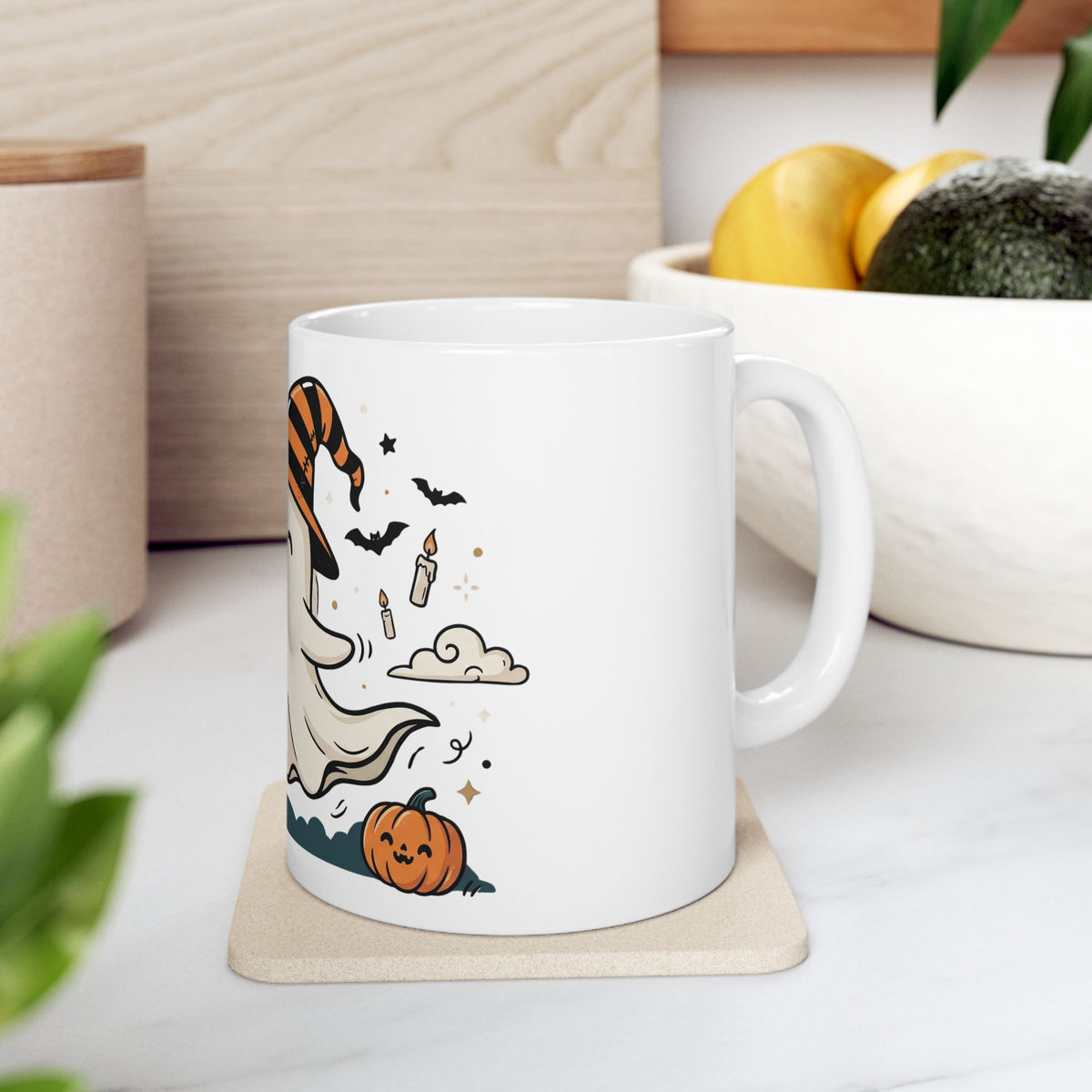 Halloween Ghost Ceramic Mug — Cute Ghost with Witch Hat, Pumpkins & Cats (11oz/15oz)