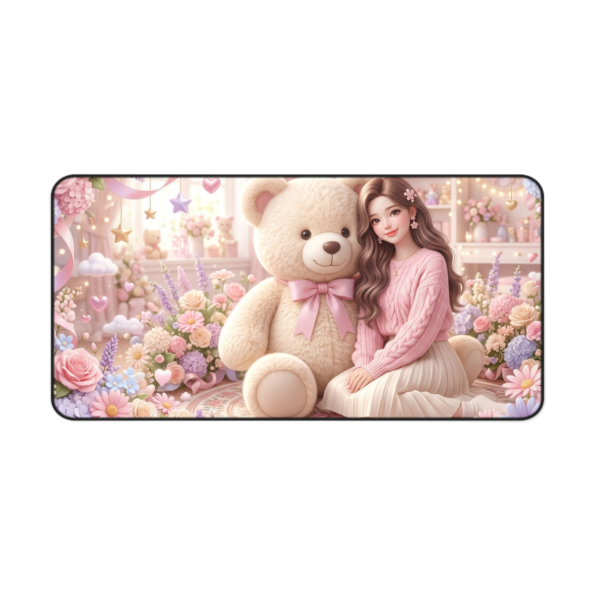 Cute Teddy Bear Desk Mat — Pastel Floral Girl Mousepad