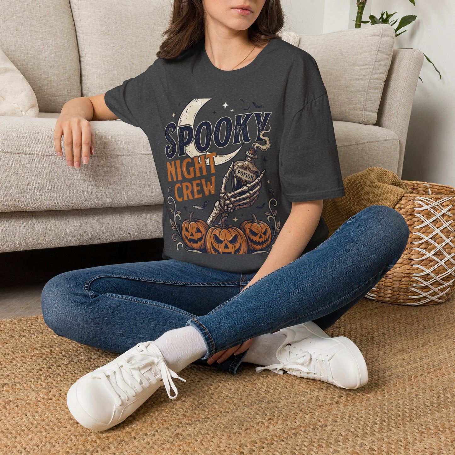 Spooky Night Crew T-Shirt — Halloween Moon, Skeleton & Pumpkins Tee