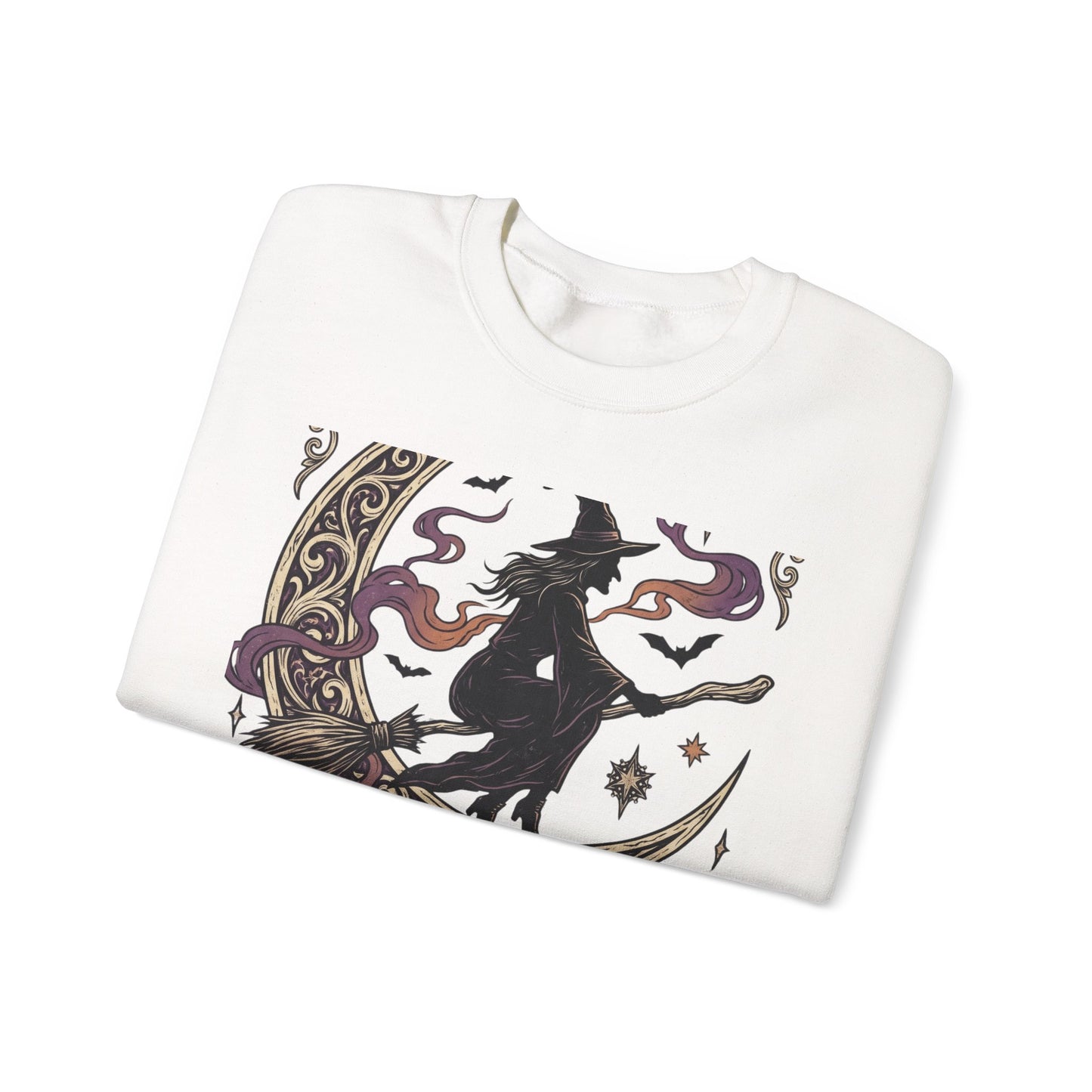 Witch Please Crewneck Sweatshirt — 'Magic After Dark' Witch Silhouette on Crescent Moon