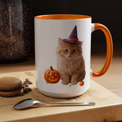 Halloween Cat Coffee Mug with Witch Hat and Pumpkin