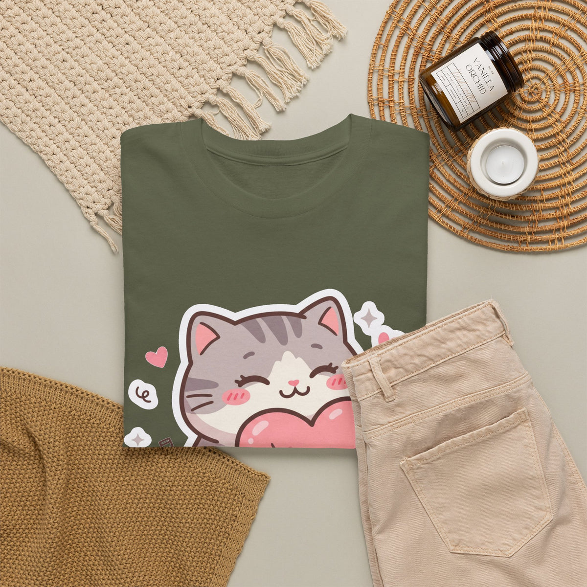 Cute Cat Hugging Heart T-Shirt — Kawaii Valentine Kitty Tee