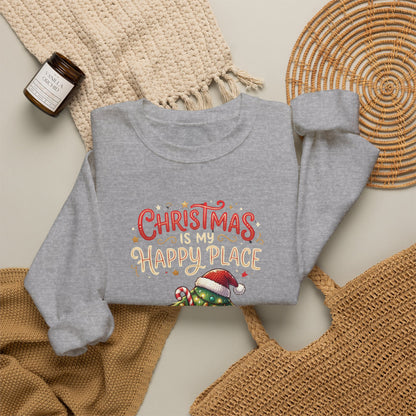 Christmas Happy Place Crewneck Sweatshirt — Cute Kawaii Tree & Gifts Holiday Sweatshirt
