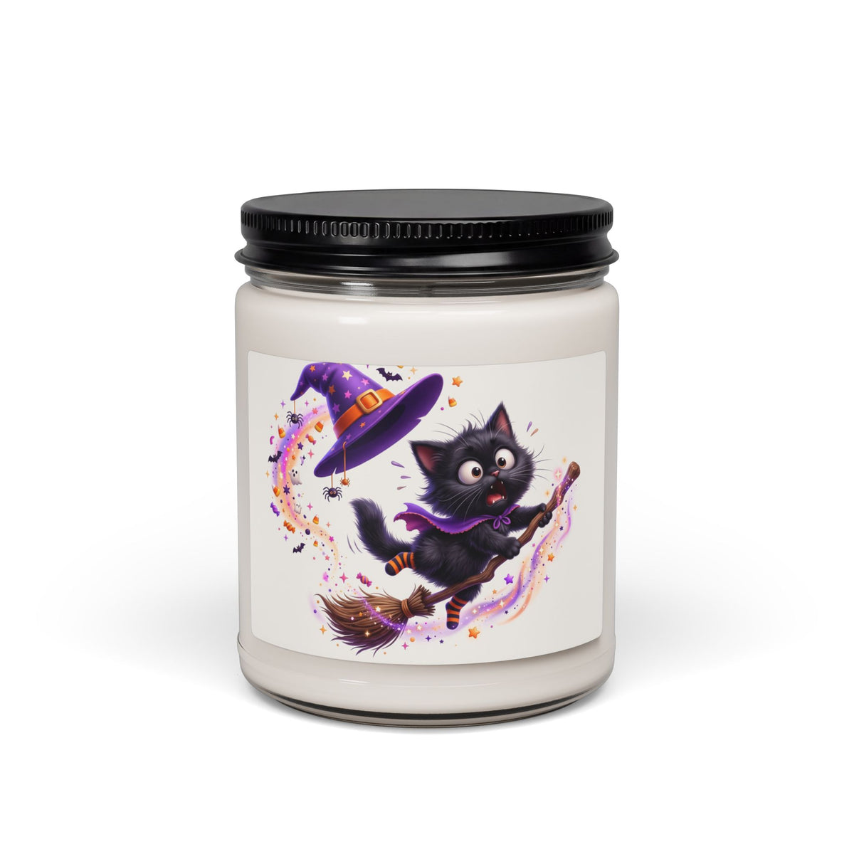 Halloween Witch Cat Soy Candle — 9oz Scented Jar (Cute Black Cat on Broom)