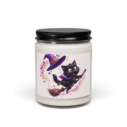 Halloween Witch Cat Soy Candle — 9oz Scented Jar (Cute Black Cat on Broom)