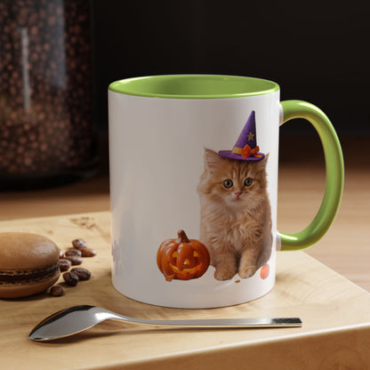Halloween Cat Coffee Mug with Witch Hat and Pumpkin