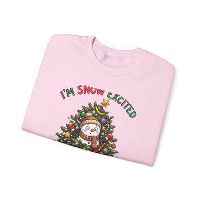 Christmas Sweatshirt – "I’m Snow Excited for Christmas" Cute Snowman Tree Holiday Crewneck