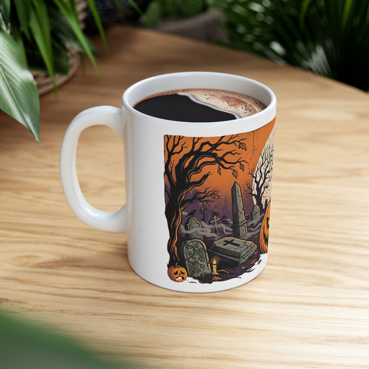 Halloween Pumpkin Mug — Spooky Graveyard Jack-o'-Lantern Ceramic Coffee Cup (11oz/15oz)